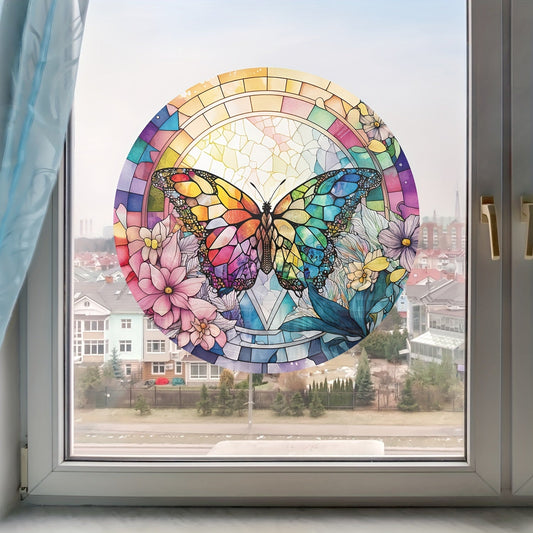 Decorate your home and walls with a vibrant colored double-sided floral design vinyl window decal. This stained glass decal features a round butterfly shape and uses static cling technology for easy application without any glue. Add a touch of beauty to