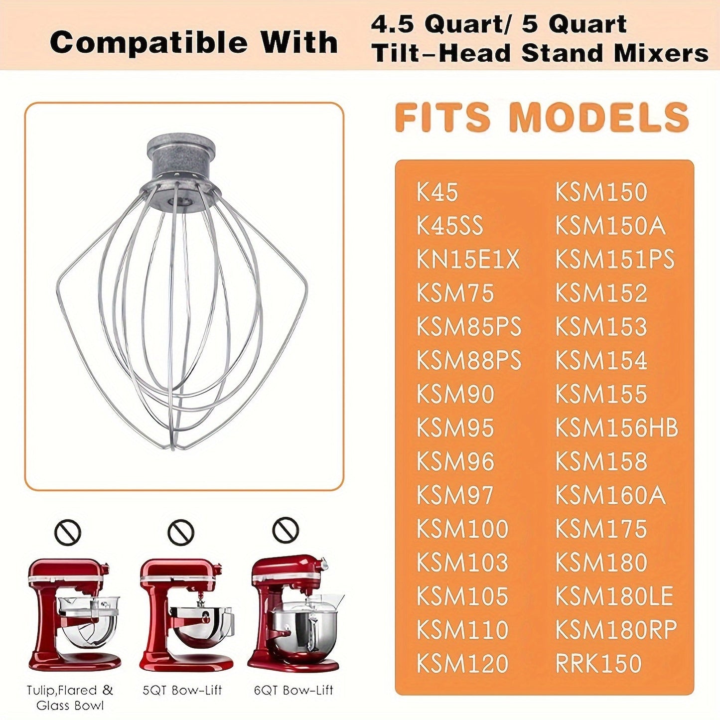 Includes a 4.5/5 Quart Wire Whip, Coated Hook, Flat Coated Beater, and Flex Edge Beater designed for Tilt-Head Stand Mixers. Features an All-Metal Die Cast Flat Beater Paddle with Flexible Silicone Edges for Bowl Scraping. Also includes a Flour Cake