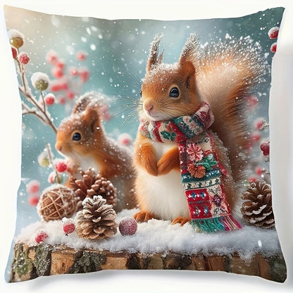 Festive squirrel family Christmas pillow cover in cozy cabin style. Made of machine washable polyester with zip closure. Perfect for home and sofa decor, ideal holiday gift. Insert not included.