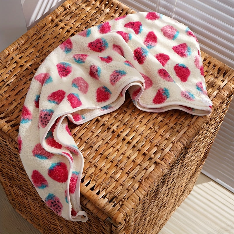 1pc Ultra-absorbent Strawberry Pattern Hair Drying Cap for Women made of soft coral fleece material. Specifically designed for quick-drying and frizz control, also doubles as a cute bathroom accessory.