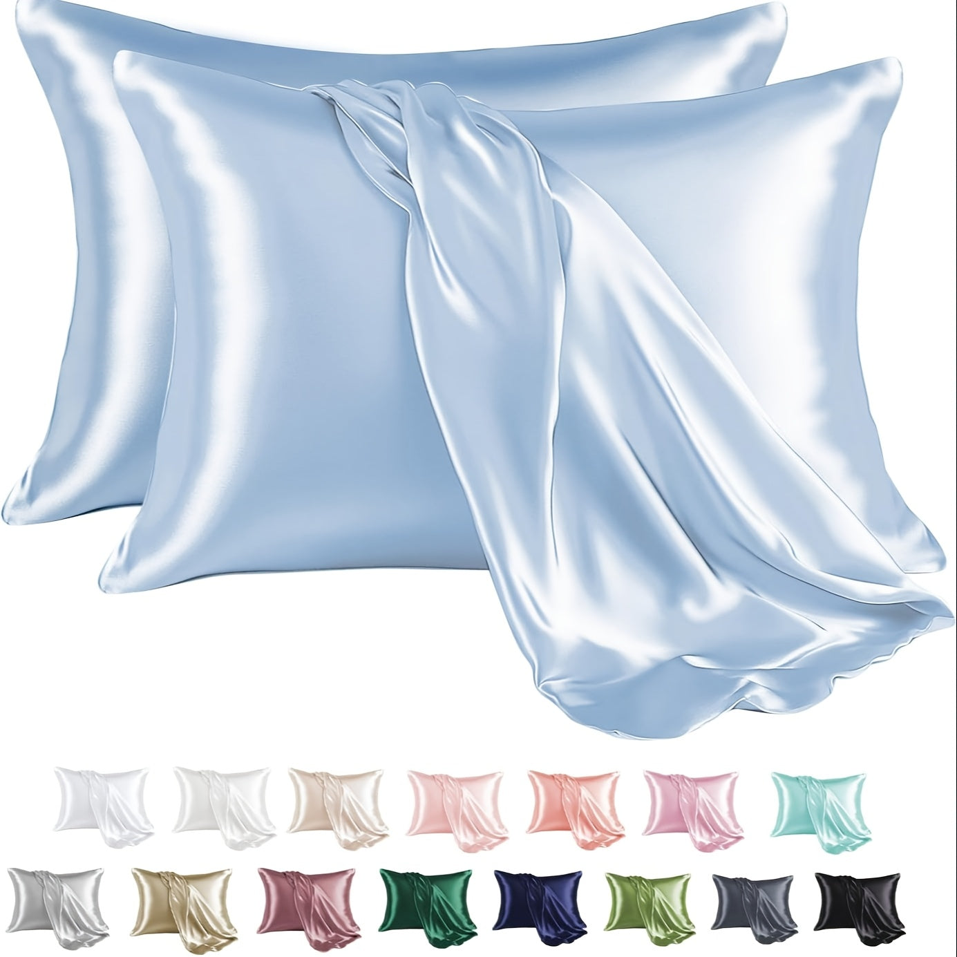 Two satin pillowcases in a pack made from 100% polyester material. Features an envelope closure and smooth texture to prevent hair breakage. These pillowcases are also wrinkle-resistant, machine washable, and weigh 80-85gsm. Available in a solid color