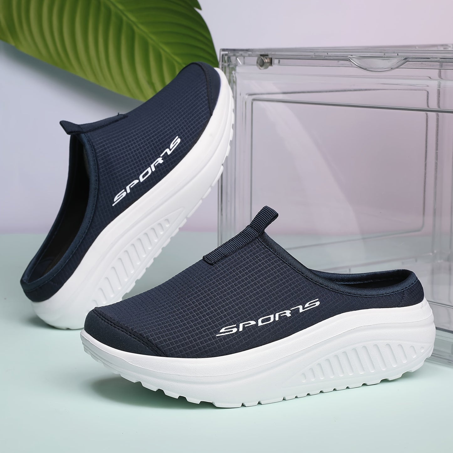 Breathable knit slip-on sneakers with a comfortable EVA rocker sole, beige with sporty logo, suitable for all seasons. Casual low-top design. Durable footwear and shoe accessories.