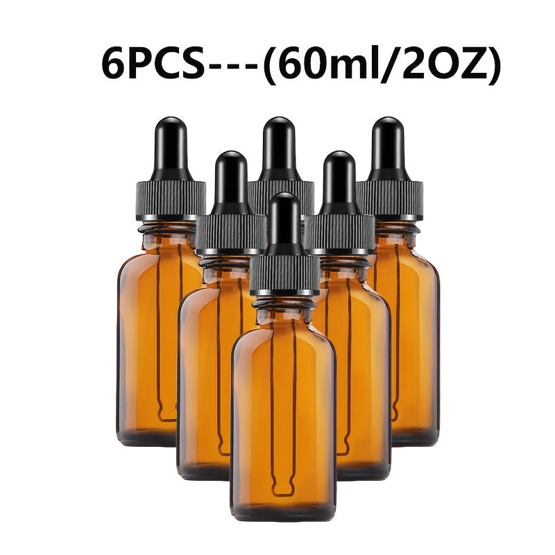 12/6 amber glass dropper bottles with teal glass droppers, in 30ml and 60ml sizes. Ideal for cosmetics, perfumes, essential oils, and lab dispensing.