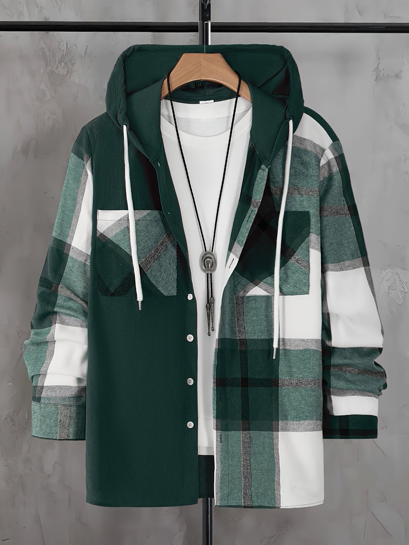 Men's plaid hoodie shirt with pockets, long sleeve, woven polyester, for spring/fall, unisex-adult, plus size.