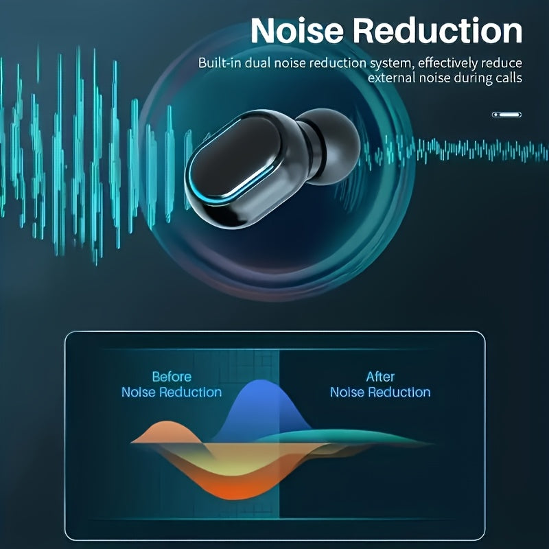 Instructions for charging wireless headset with USB case. Button control, long-lasting, comfortable in-ear earbuds compatible with mobile phones and computers. Ideal sports music gift.