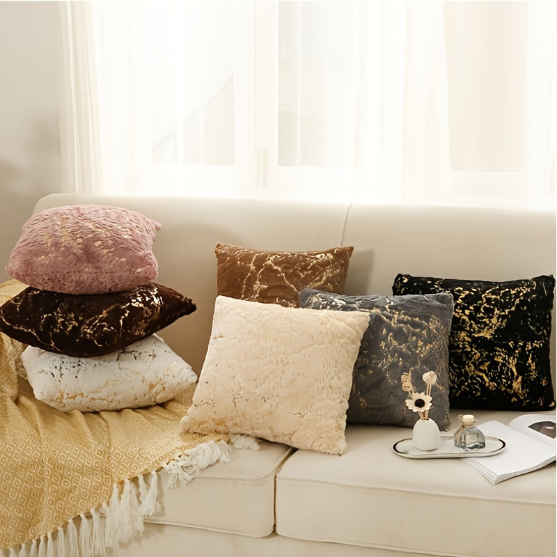 Luxury faux fur throw pillow cover with gilded stripes, zip closure, and machine washable. Ideal for sofa, bedroom, car. Size: 45.72x45.72 cm.