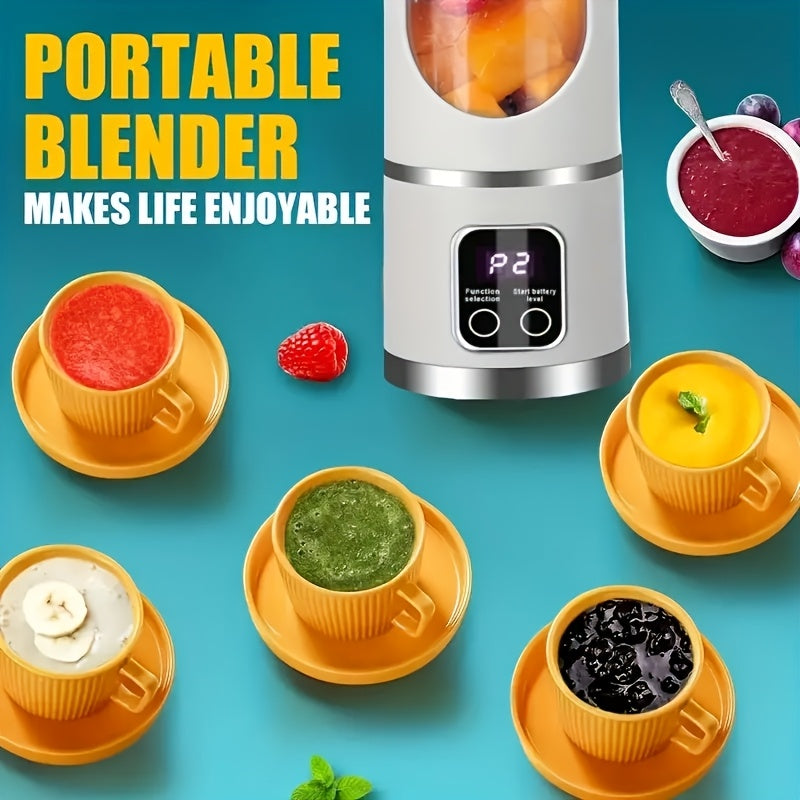 A versatile USB charging juicer blender with a digital display. Features include a 15.2 ounce capacity, 12 blades for powerful blending, 3 gears for customizing textures, ice crushing capability, low noise operation, easy cleaning, long battery life