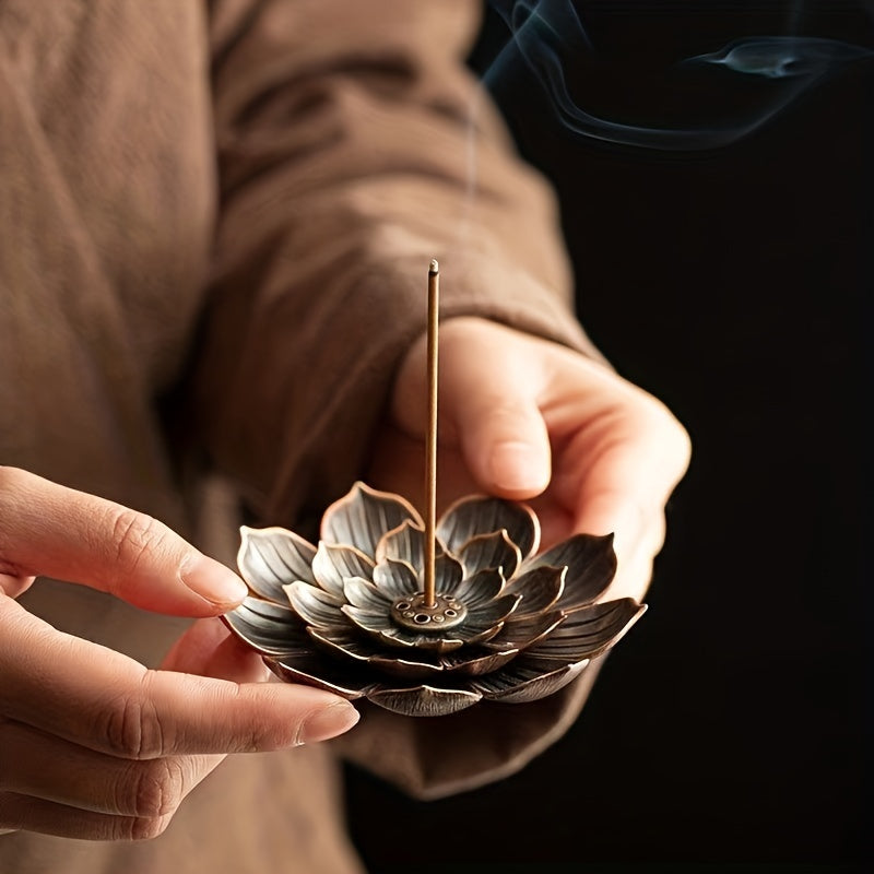 Brass lotus incense burner with ashtray, incense stick holder for European classic romance themed room decor.