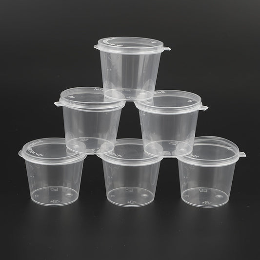 Set of 100 Clear Plastic Sauce Cups with Lids - Made from Food Grade Material, Single-Use Condiment Containers for Sauces, Chutneys, & Dips - Ideal for Household, Parties, & To-Go Orders