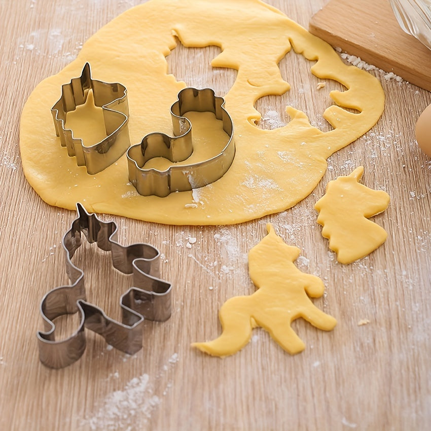 Three stainless steel unicorn-shaped cookie cutters for fondant baking tools available in a set.