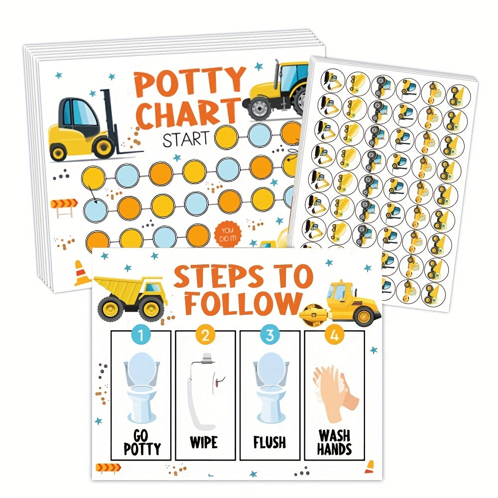 Charming Excavator Potty Training Chart Featuring Adorable Stickers, Simple Construction Truck Toilet Training Schedule with Step-by-Step Instructions & Fun Stickers