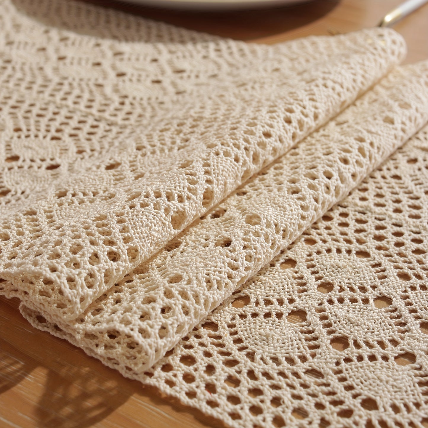 Beige geometric crochet table runner made of pure cotton linen with small rhombus pattern and hollow lace design.