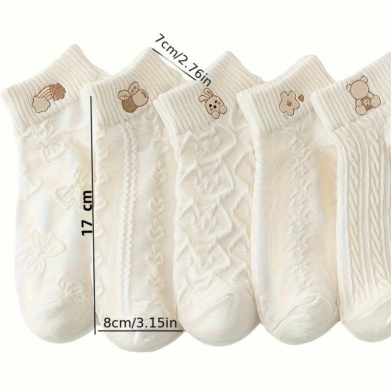 Five pairs of adorable ankle socks with cartoon patterns, breathable woven design, and cute embossed details, perfect for women's stockings.