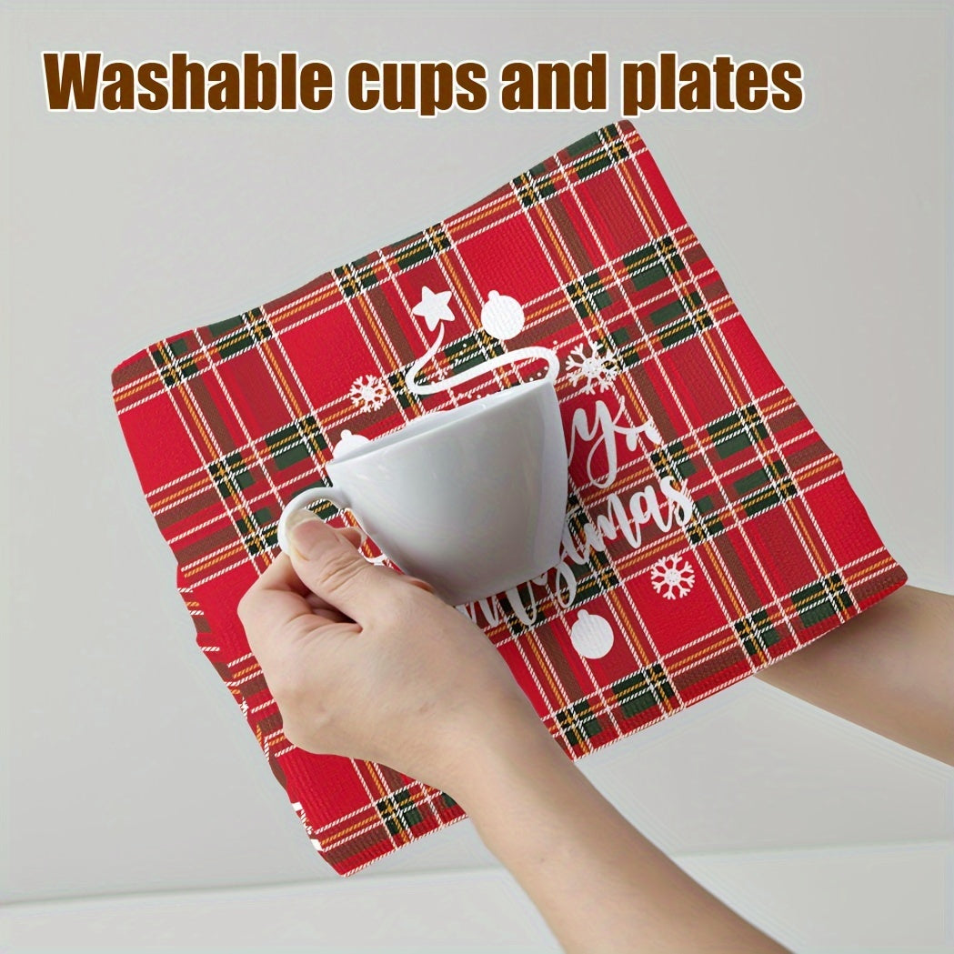 Set of 2 Christmas kitchen towels with Santa and gingerbread design. Made of quick-dry microfiber, featuring red plaid Merry Christmas pattern. Perfect for cooking, baking, and housewarming gifts. Size: 69.85x44.96 cm.