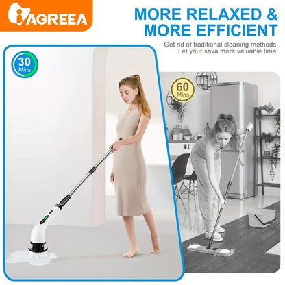 The electric cleaning brush features a rotary floor scrubber, wireless design, and 8 replaceable brush heads. With an adjustable extension handle and 360-degree rotation, this cordless cleaning brush is perfect for bathrooms and bathtubs. It includes a