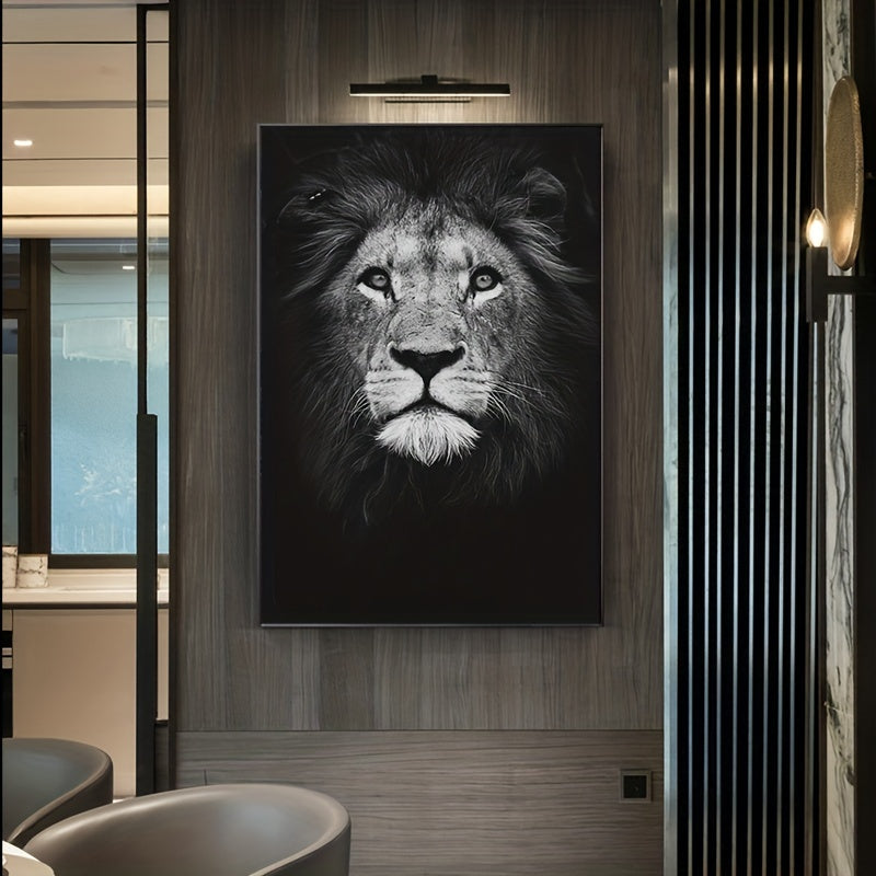 Black and white lion wall art print for home or office decor, featuring realistic animal portrait with textured fur detail.