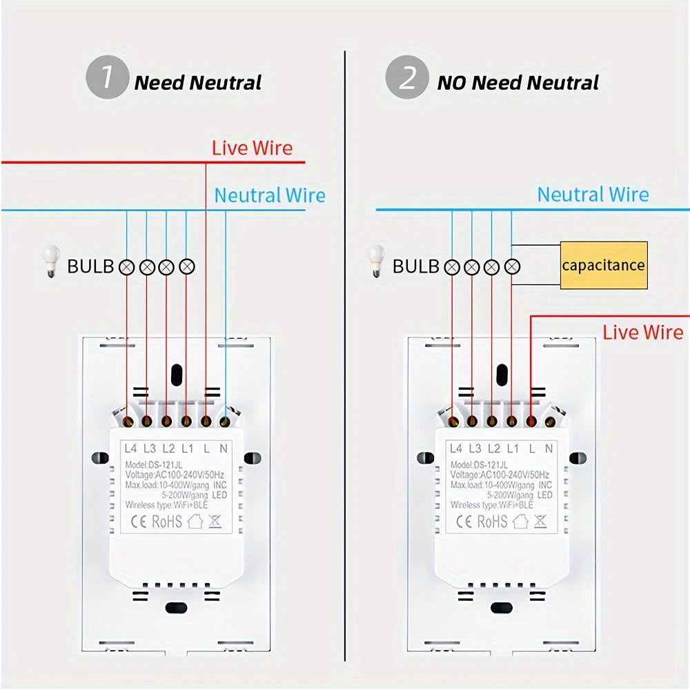 Chevolink Tuya Smart Switches with WiFi Touch Control, Voice Integration with Alexa & Google Home, App-Controlled Lighting, No Neutral Wire Needed, Fire-Resistant for US Standard Wiring in