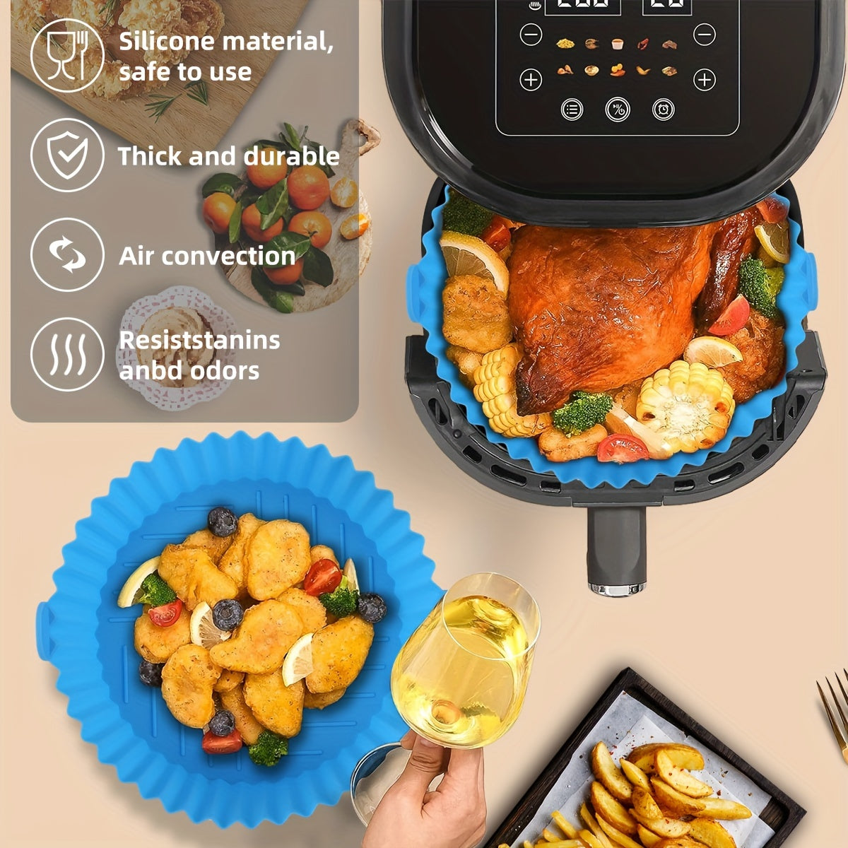 A set of 6 silicone air fryer liners, perfect for healthy cooking. These round, reusable, and easy-to-clean baking mats make cooking a breeze.