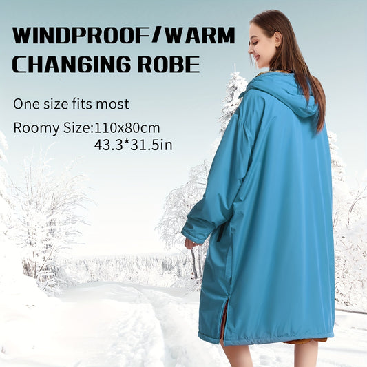 Waterproof, windproof unisex changing robe with fleece lining and hood for home, surfing, diving, camping, and hiking.