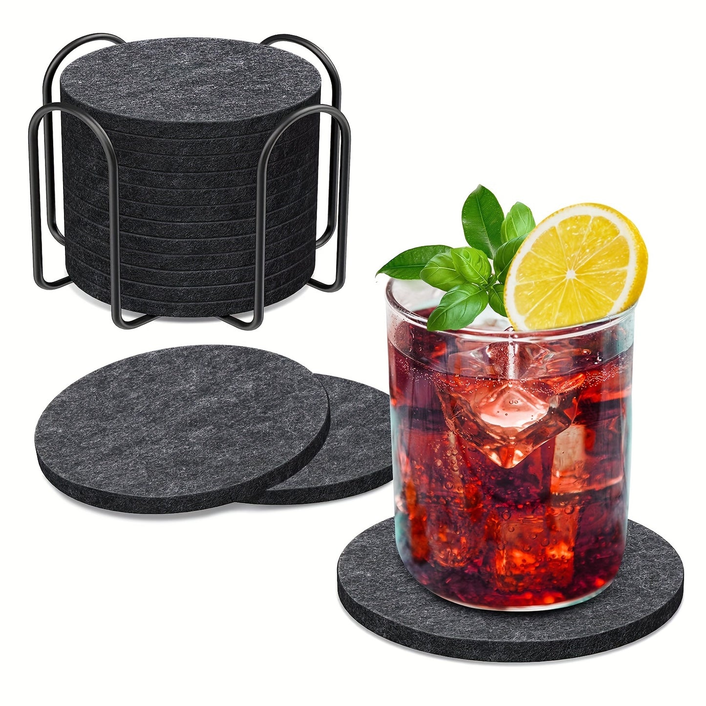 Set of 12 felt coasters with stands.