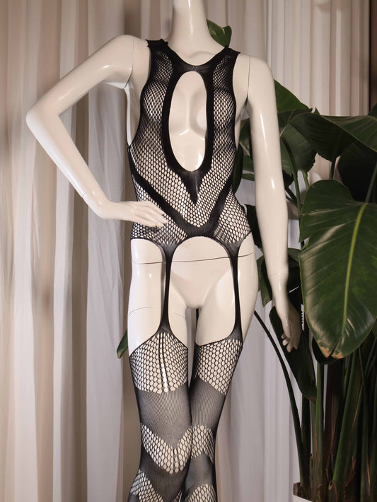 Sexy mesh bodysuit for women, sheer polyamide knit with transparent panel design, no bra cup or belt, solid color, adult size