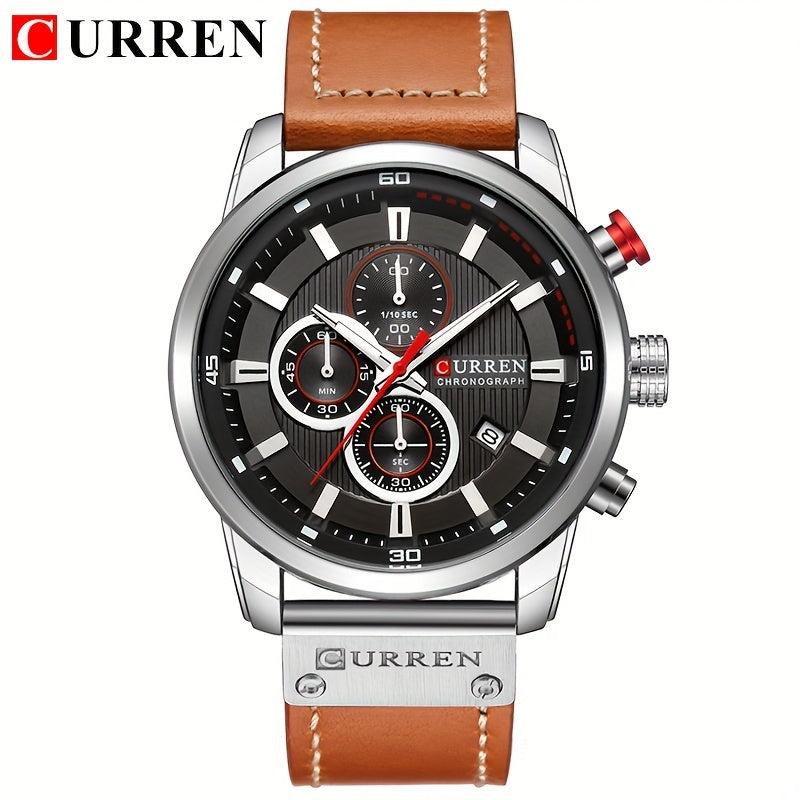 A sleek men's sports watch featuring a variety of functions, a durable PU leather strap, and an automatic date display.