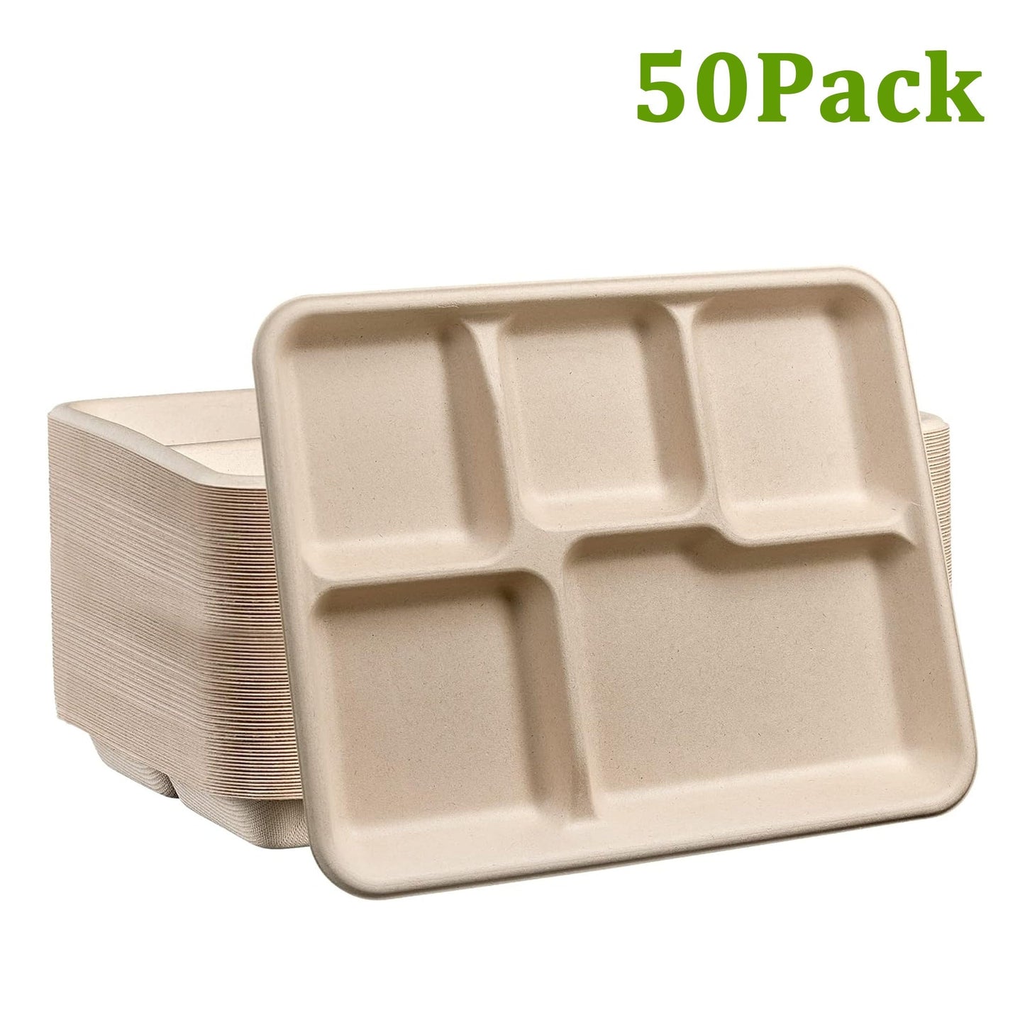 EcoChoice offers a 50-Pack of Compostable Dinner Plates with 5 Compartments, made from Biodegradable Sugarcane Fiber. These Rectangular Trays are perfect for Parties, Picnics, BBQs, and Kitchen Supplies.