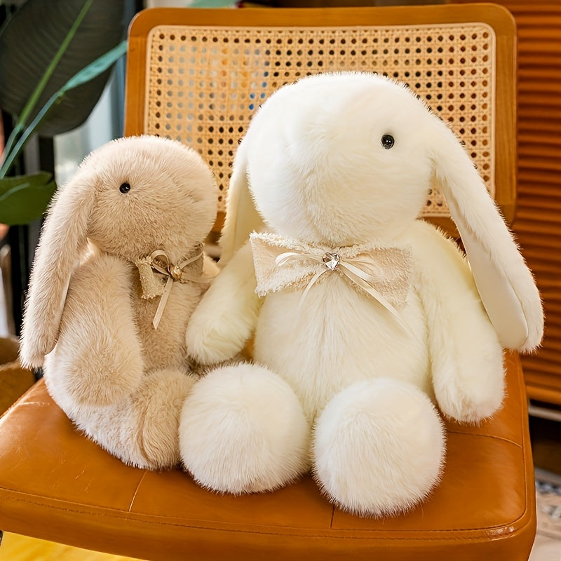 Preppy style unisex bunny plush toy with bow tie, ideal for various occasions, dry clean only, made of 100% polyester.