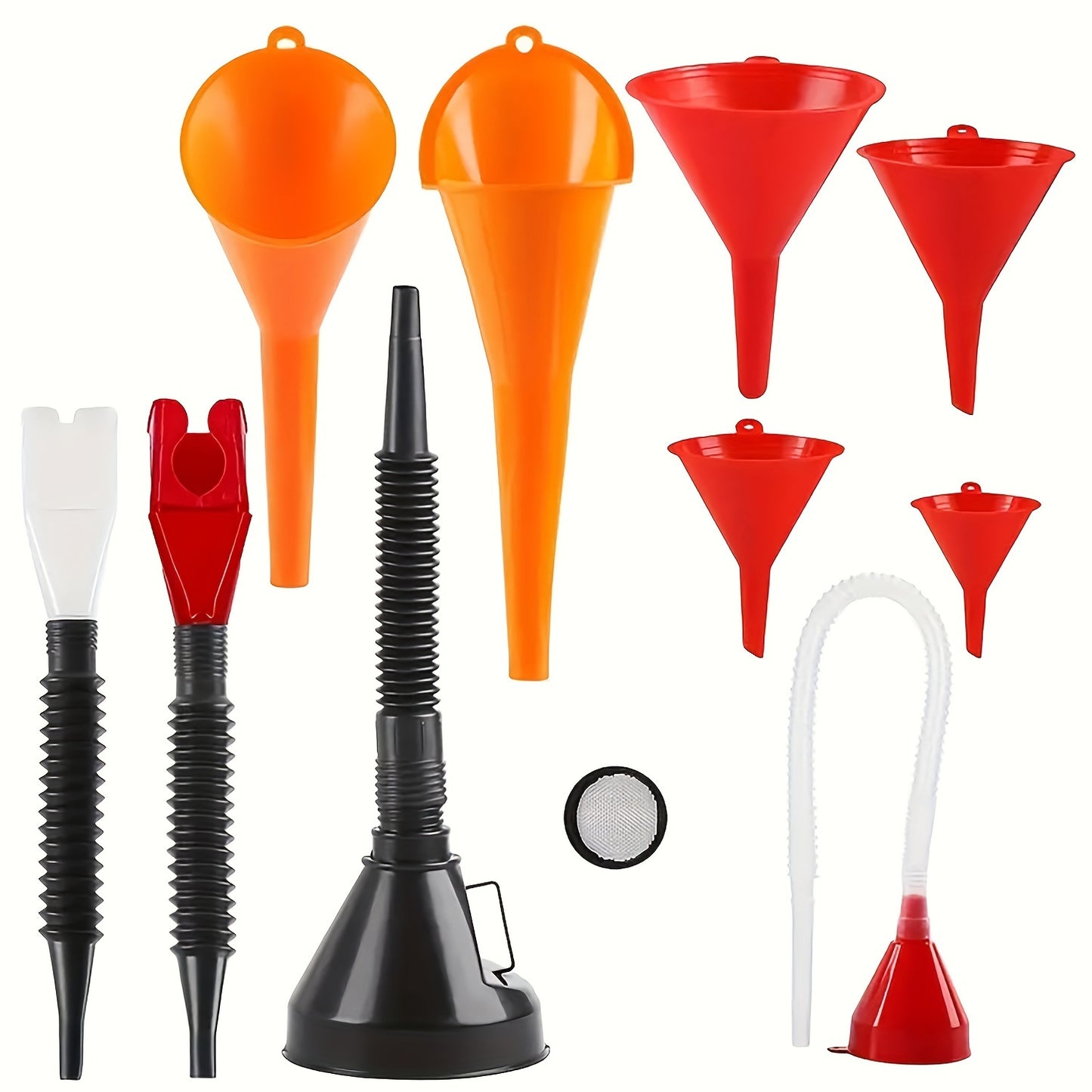 10pcs Car Funnel Set including long neck oil funnel, buckle funnel, right angle funnel, wide mouth fuel funnel for filling coolant, gasoline, water, and engine oil.