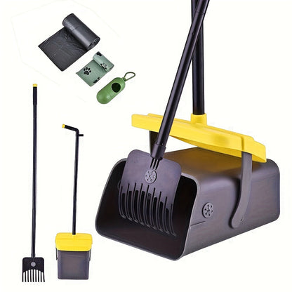 Dog owners with medium to small breeds can easily clean up their pet's mess with this heavy-duty poop scooper set. The set includes a swivel bin and rake with a long handle measuring 116.84cm/104.14cm. It is ideal for use on grass, dirt, or gravel.