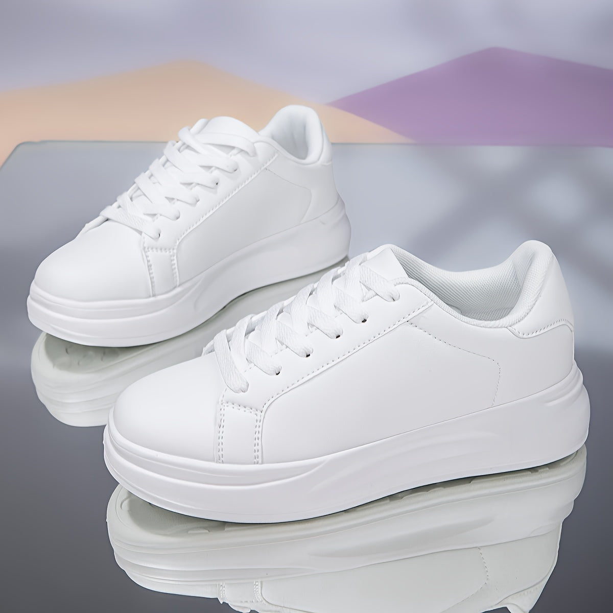 Classic White Sneakers for Women with Waterproof and Height-Boosting Thick Sole, Low-Top Lace-Up design.