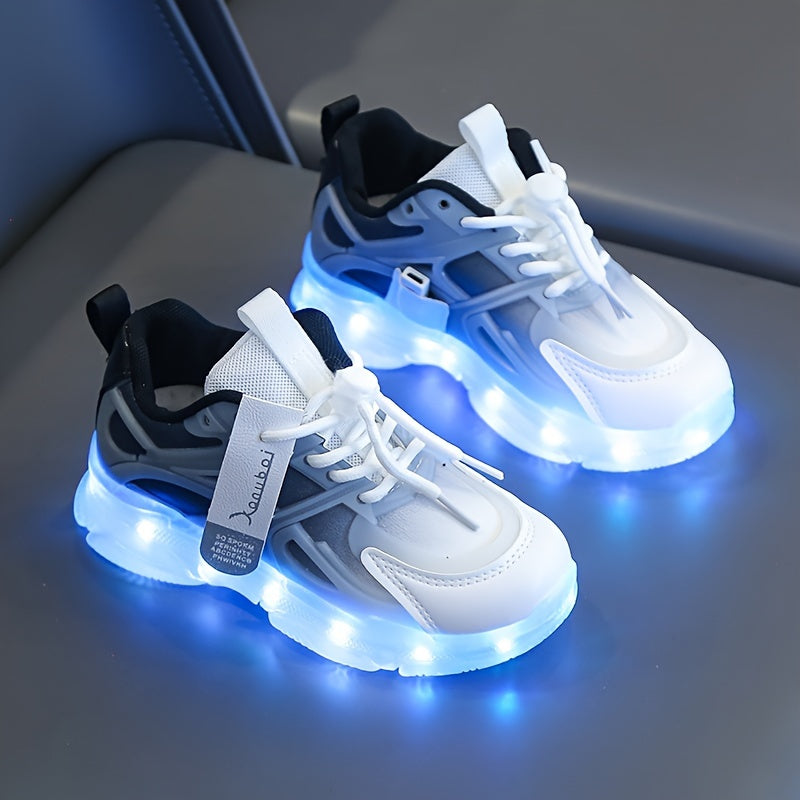 Rechargeable LED sneakers for boys with shock-absorbing non-slip feature, perfect for running and training.