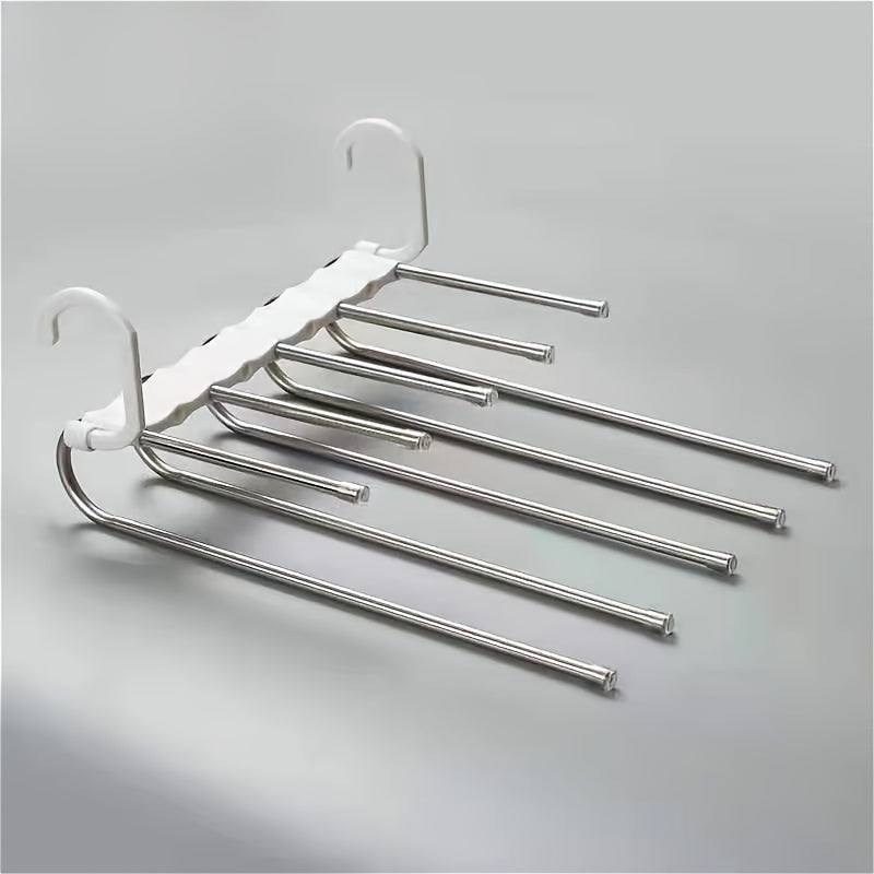 This multi-functional trouser hanger is made of stainless steel and can fold for convenient storage. It features multiple layers for organizing trousers and is a seamless addition to any wardrobe for efficient storage.