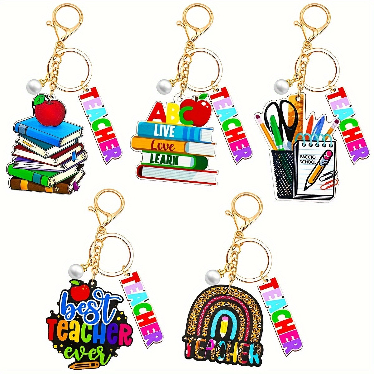 Set of 5 Teacher Appreciation Keychains, Featuring Cartoon-themed Alloy and Wood Designs with Tassels, Round Shape, Lobster Clasp, Perfect for Homecoming Festival Decor, Ideal for Both Men and Women