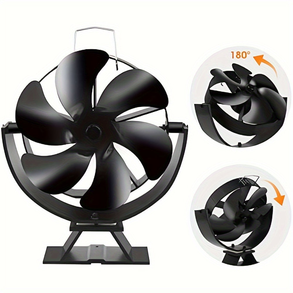 Wood stove fan with rotating blades that can move 180°, exhausts heat with its 6-blade design, made of aluminum for silent and portable operation. No electricity required, suitable for use with wood, gas, and pellet log stoves.