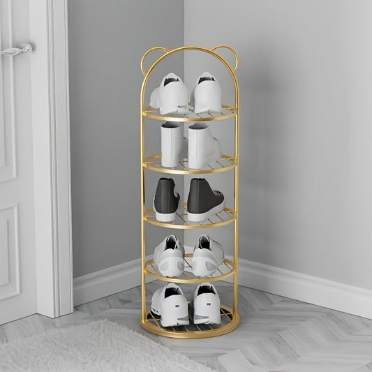 A durable metal shoe and boot storage rack, featuring a floor mount design with golden pipes and multi-tier organization for various room types.