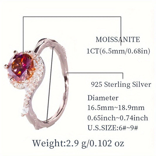 Women's Engagement Proposal Wedding Ring with 1ct Colorful Moissanite Twist Red Beads in 925 Sterling Silver, Hypoallergenic. Comes with Moissanite Certificate and Exquisite Gift Box Packaging.