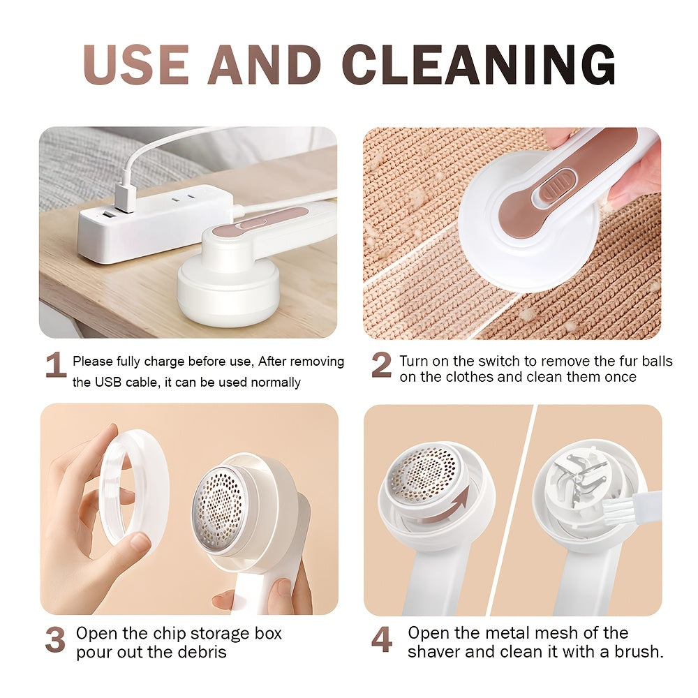 Portable rechargeable electric lint remover effectively removes pill fuzz from clothing, furniture, and carpet with USB cable and cleaning brush.