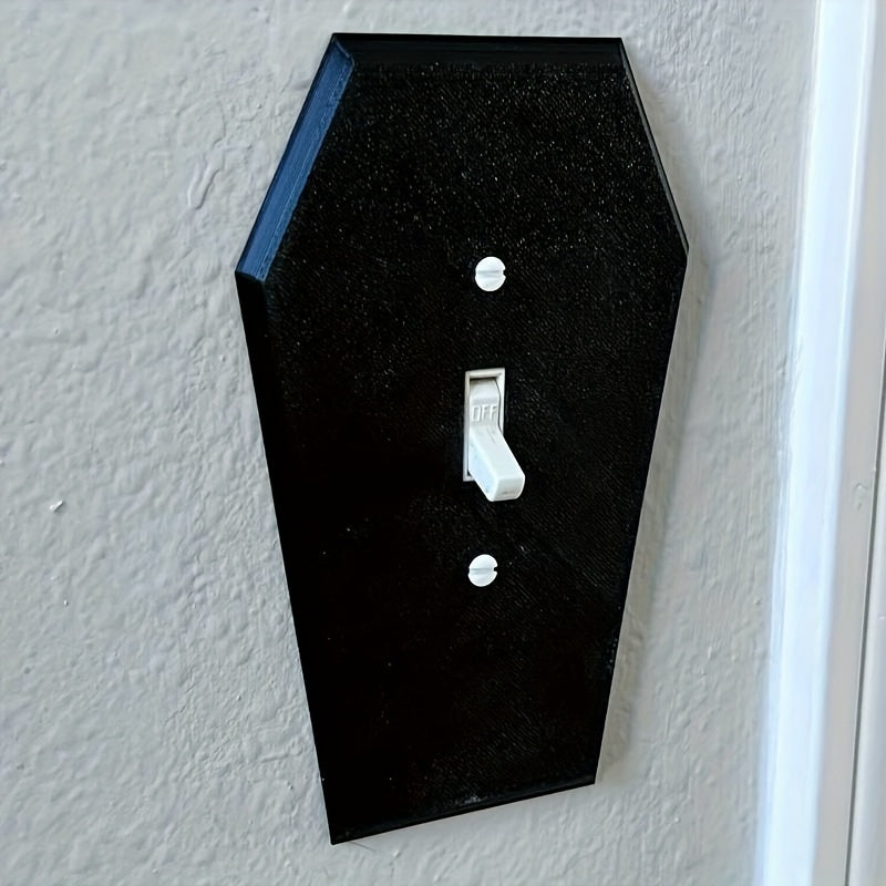 3D printed Gothic Coffin Wall Plate Cover for light switch, easy screw-in installation, no electricity needed. Perfect for Halloween or home décor.