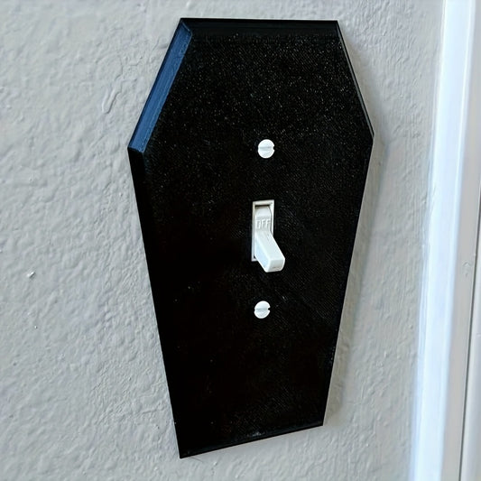 3D printed Gothic Coffin Wall Plate Cover for light switch, easy screw-in installation, no electricity needed. Perfect for Halloween or home décor.