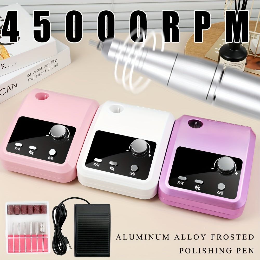 High-speed electric nail drill for professional manicures and pedicures, includes HD display and accessories for polishing and cuticle removal.