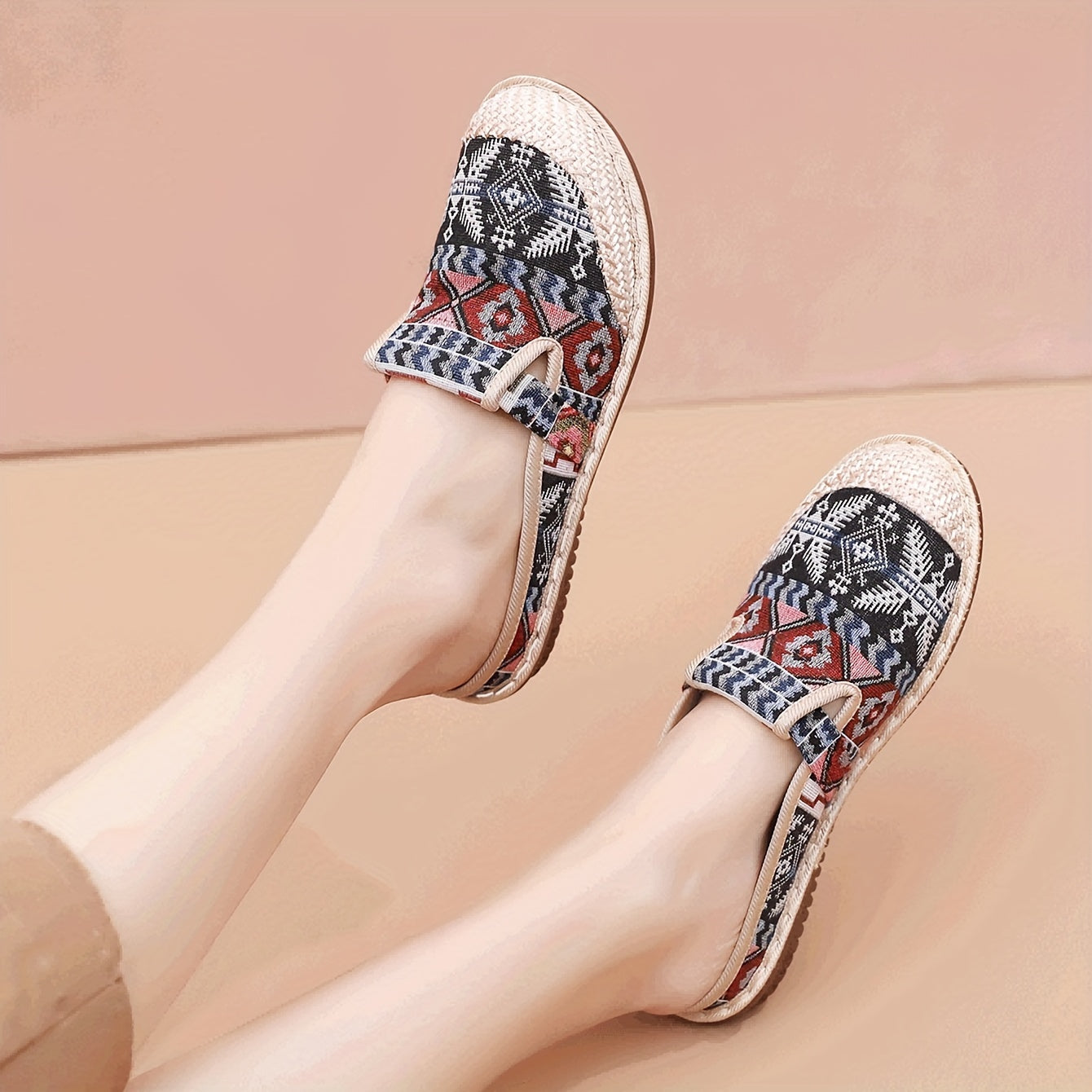 Womens Summer 2024 Fashion Tribal Style Slip-On Shoes with Breathable Fabric Upper and Faux Sole