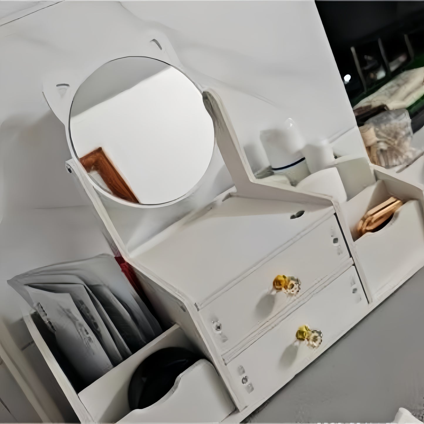 Countertop makeup organizer with mirror, drawer, and floral design for skincare products, iPhone holder, and lightweight use without electricity.