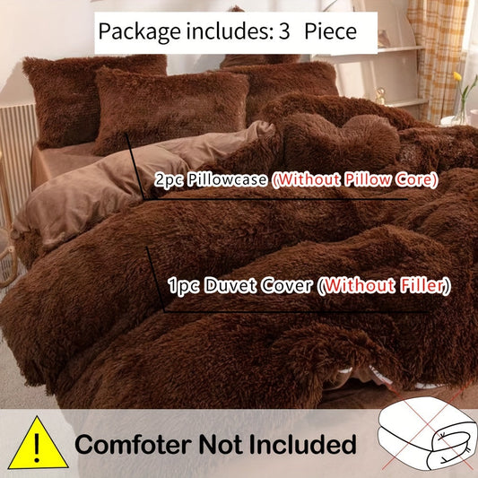 3-piece Long Plush Shaggy Duvet Cover Set including 1 Duvet Cover and 2 Pillowcases (Without Core), in a Solid Color perfect for Autumn and Winter. This cozy bedding set is soft and fluffy, adding warmth to your bedroom or guest room.