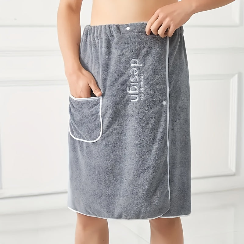 Men's wearable bath towel with embroidered design, soft and absorbent coral fleece material, ideal for use in the bathroom or sauna.