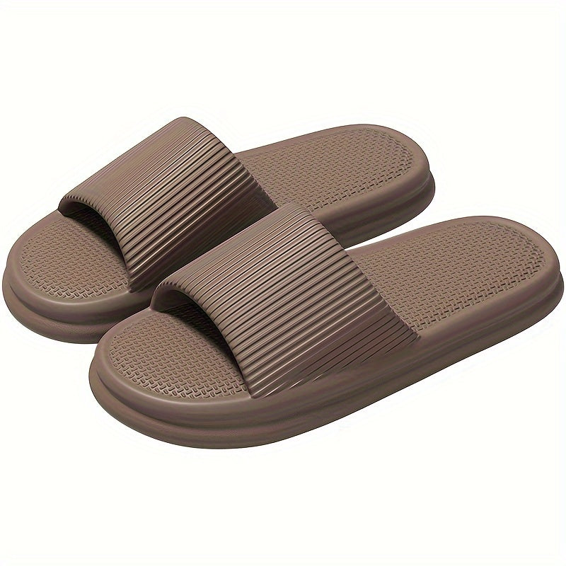 Solid color open toe slippers for men and women, breathable, comfy, non-slip, and durable EVA sole for indoor activities.