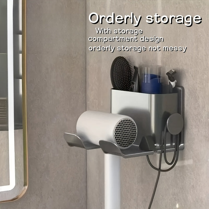 Wall-mounted bathroom organizer rack with multiple functions including storage for hair dryer, combs, razors, and makeup. Features a smartphone holder and durable plastic construction. No drilling required. Great Christmas/Halloween gift for home