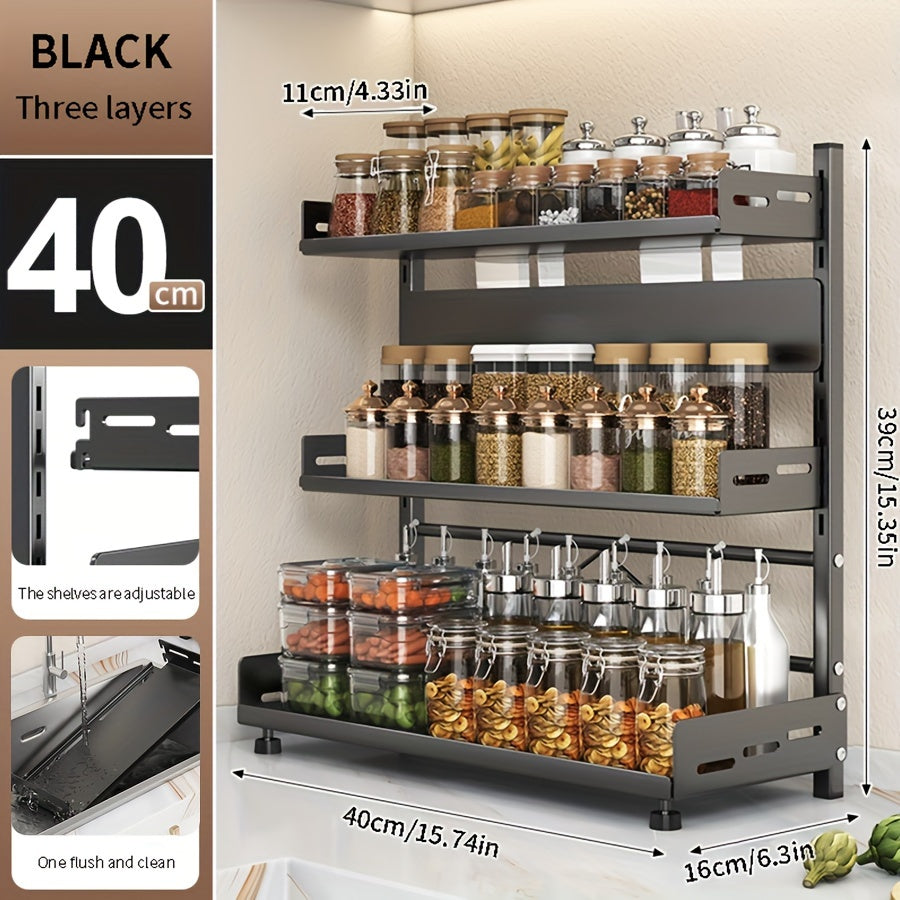 Adjustable Kitchen Storage Rack - Wall Mount with No-Drill Installation, Organize Seasonings and Utensils with Multi-Tier Modern Metal Design, Perfect for Spice Storage and Knife Placement.