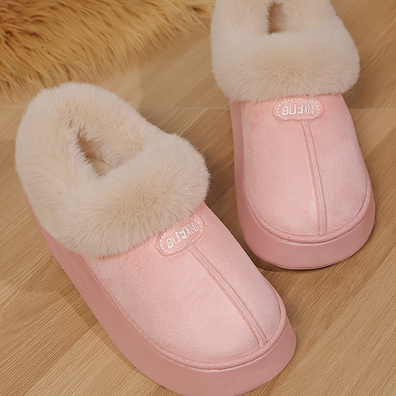 Women's preppy solid color slip on furry slippers with soft warm fleece, round toe, EVA sole, fabric upper and inner material, all-season casual wear.