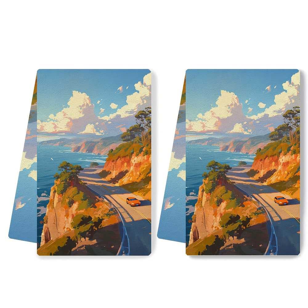 2 pieces of luxurious kitchen towels, perfect for a scenic drive along the coast. These ultra soft and highly absorbent dish hand towels are ideal for holiday decor. Easily machine washable and measuring 16x24 inches each. Item number: 2KYSMF1214220